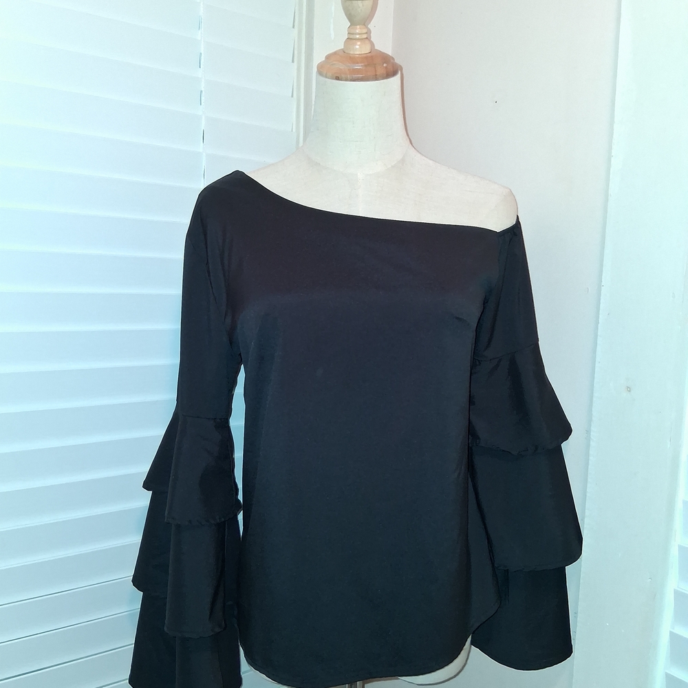 Elegant Black Women's Blouse with Ruffle Sleeves